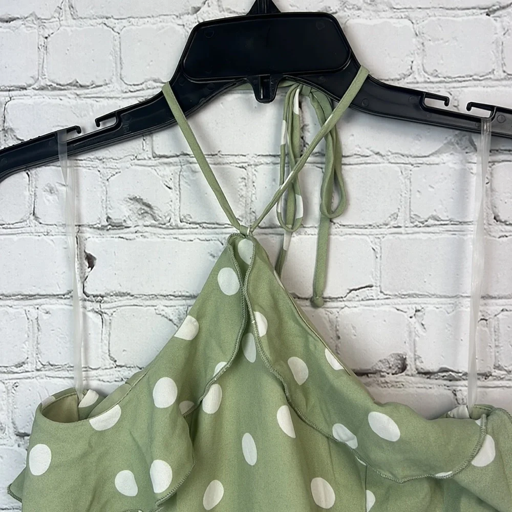 Teeze Me Sage Green & White Polka Dot Ruffle Halter Dress Juniors Size 9/10 & 13 - Picture 3 of 7